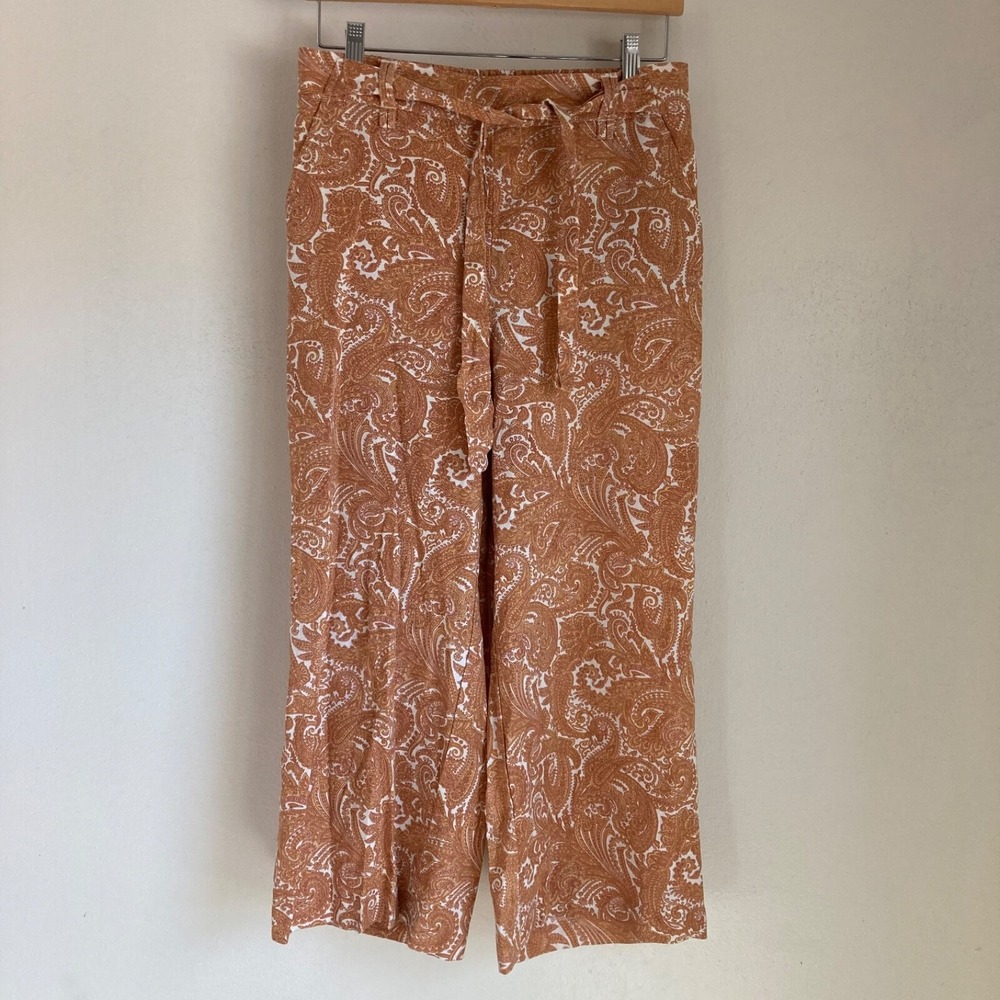Sigrid Olsen Womens Orange Paisley Linen Blend Wide Leg Crop Pants Tie Waist S
